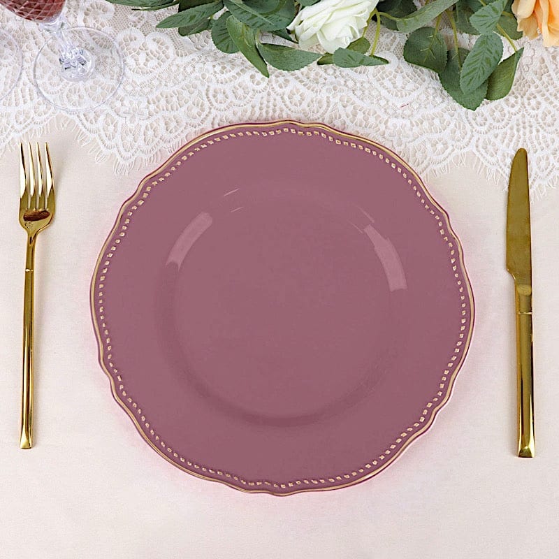 10 Round Disposable Plastic Dinner Plates with Gold Scalloped Trim