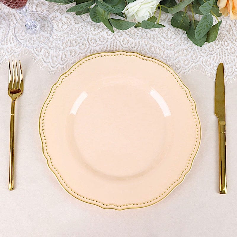 10 Round Disposable Plastic Dinner Plates with Gold Scalloped Trim