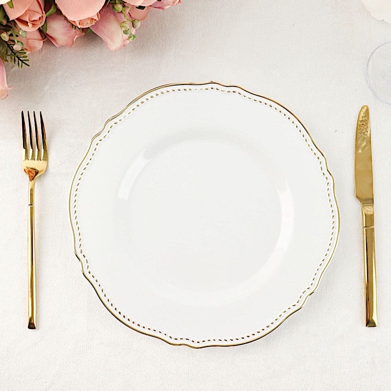 10 Round Disposable Plastic Dinner Plates with Gold Scalloped Trim