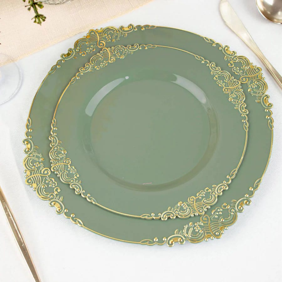 Round Teal Green and Gold Plastic Dinner and Salad Plates - Luxe
