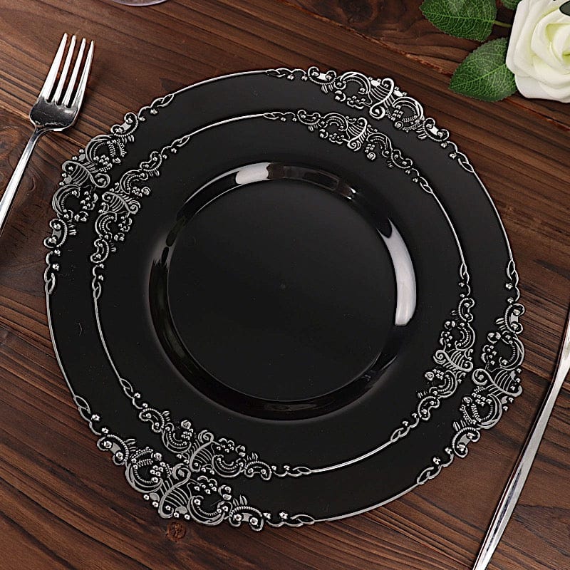 10 Round Disposable Plastic Salad Dinner Plates with Embossed Baroque Trim