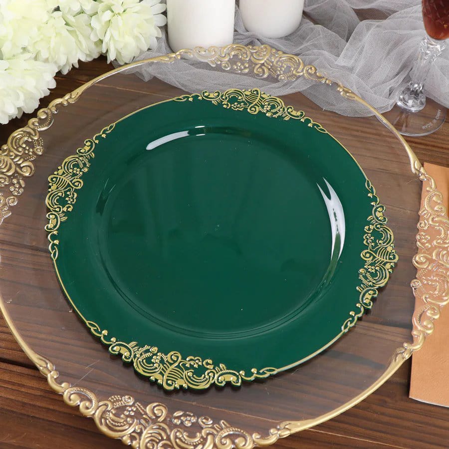 10 Round Disposable Plastic Salad Dinner Plates with Embossed Baroque Trim