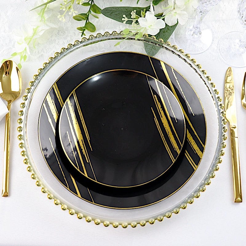 10 Round Disposable Salad and Dinner Plastic Plates with Metallic Prints