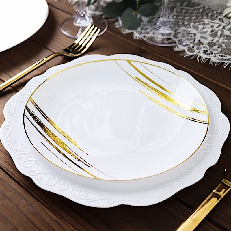 10 Round Disposable Salad and Dinner Plastic Plates with Metallic Prints