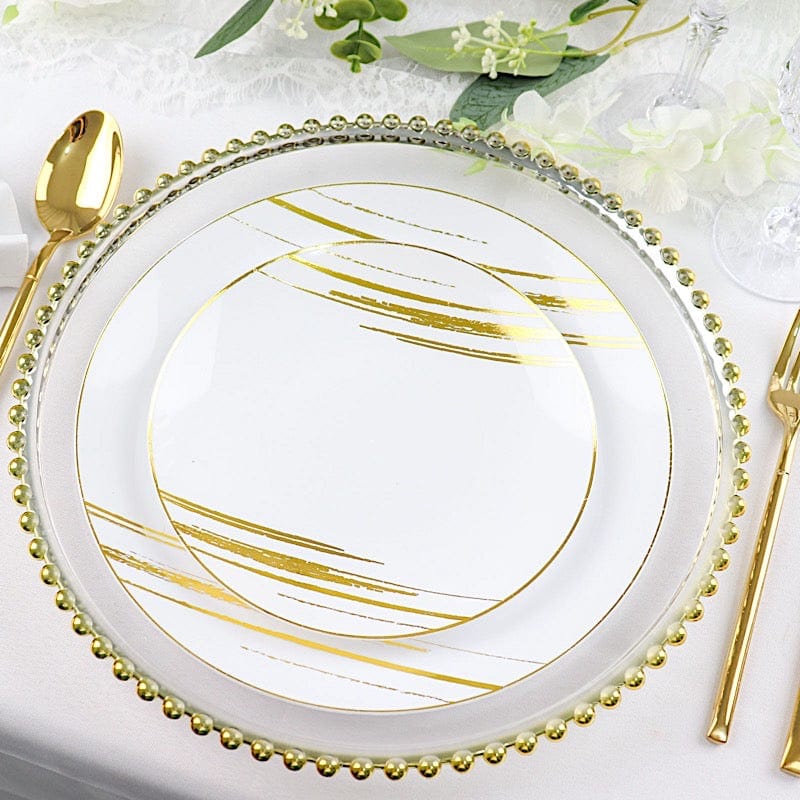 10 Round Disposable Salad and Dinner Plastic Plates with Metallic Prints