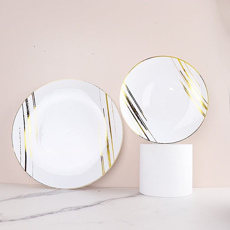 10 Round Disposable Salad and Dinner Plastic Plates with Metallic Prints