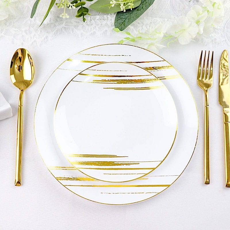 10 Round Disposable Salad and Dinner Plastic Plates with Metallic Prints