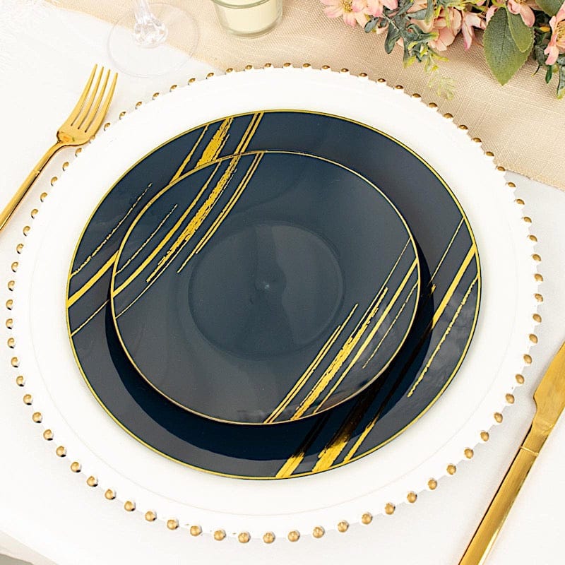 10 Round Disposable Salad and Dinner Plastic Plates with Metallic Prints