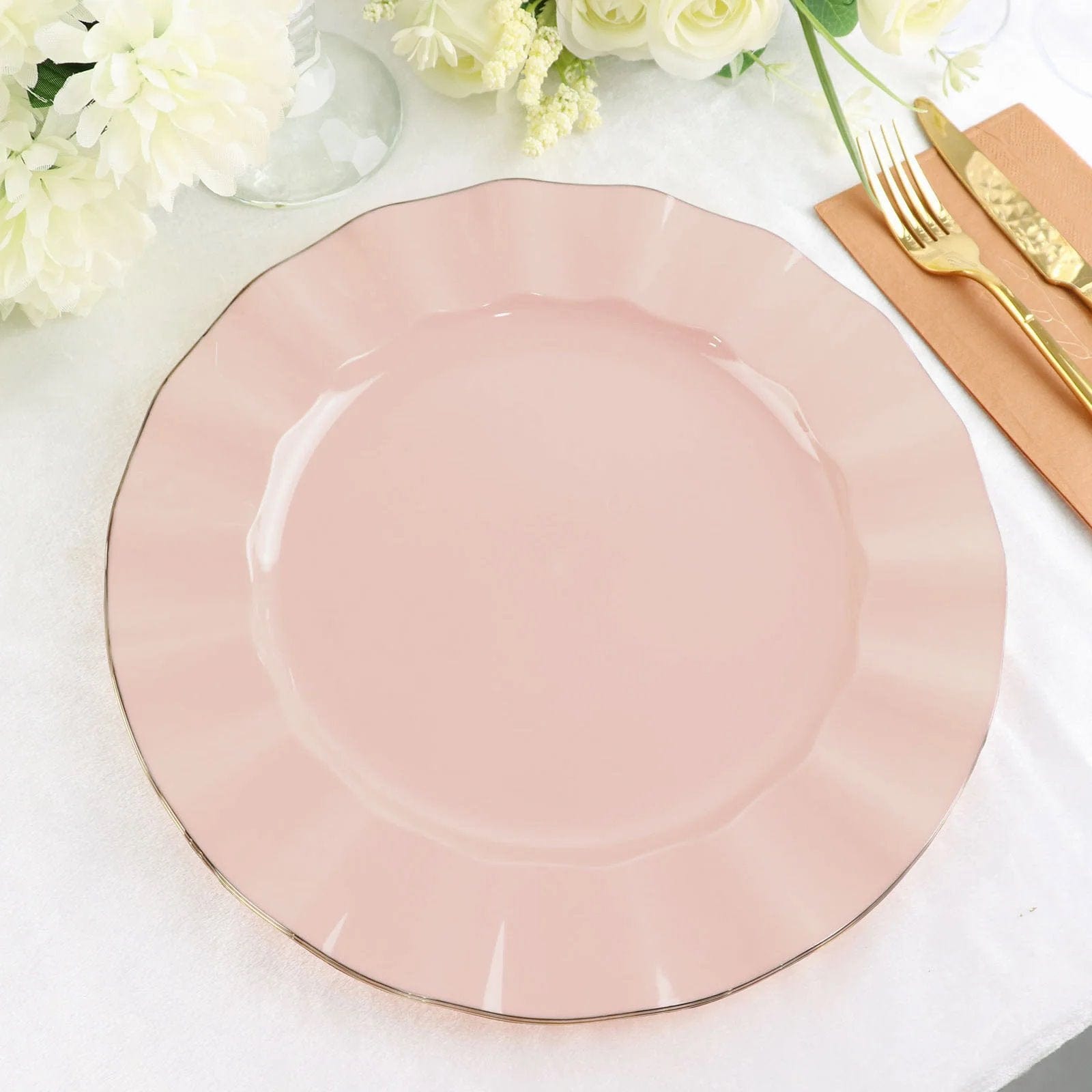10 Round Disposable Salad Dinner Plastic Plates with Gold Wavy Trim