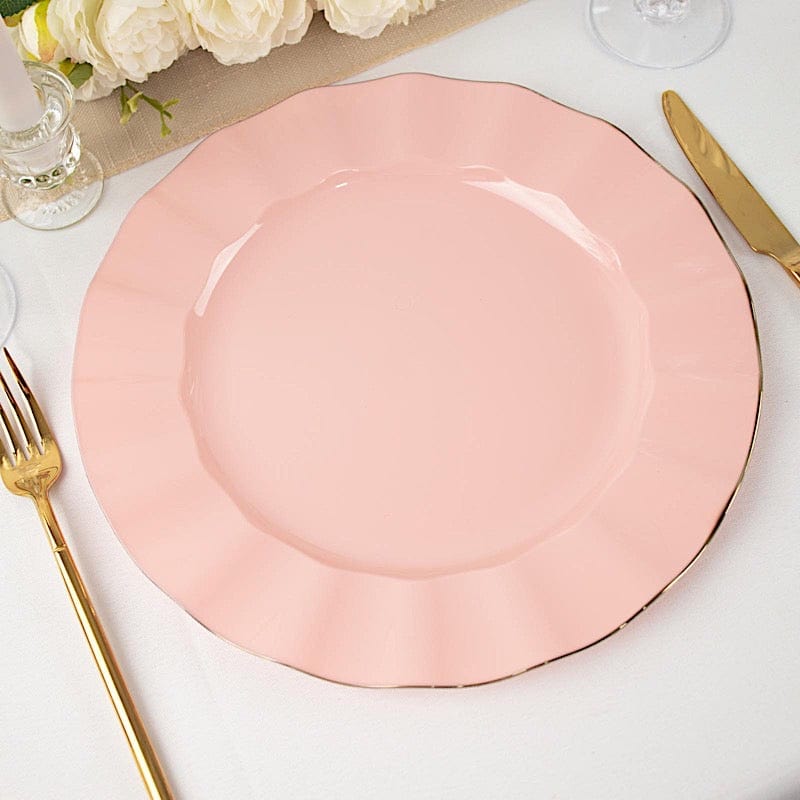 10 Round Disposable Salad Dinner Plastic Plates with Gold Wavy Trim