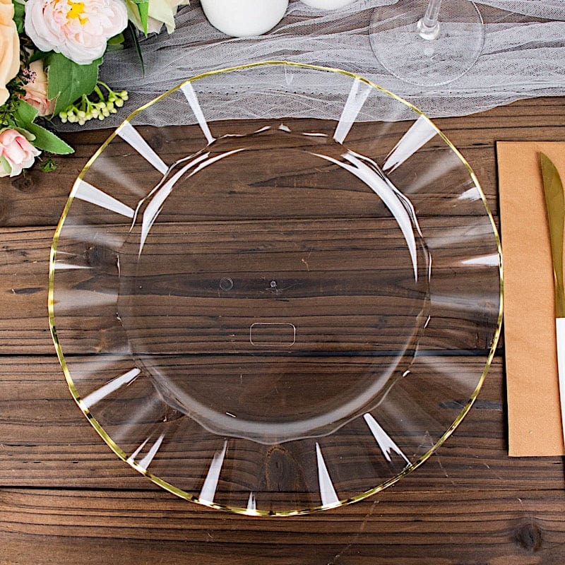 10 Round Disposable Salad Dinner Plastic Plates with Gold Wavy Trim