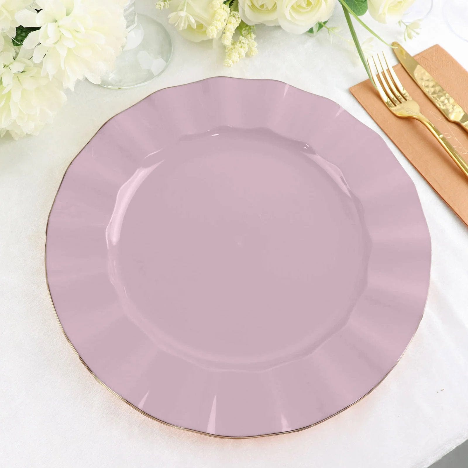 10 Round Disposable Salad Dinner Plastic Plates with Gold Wavy Trim