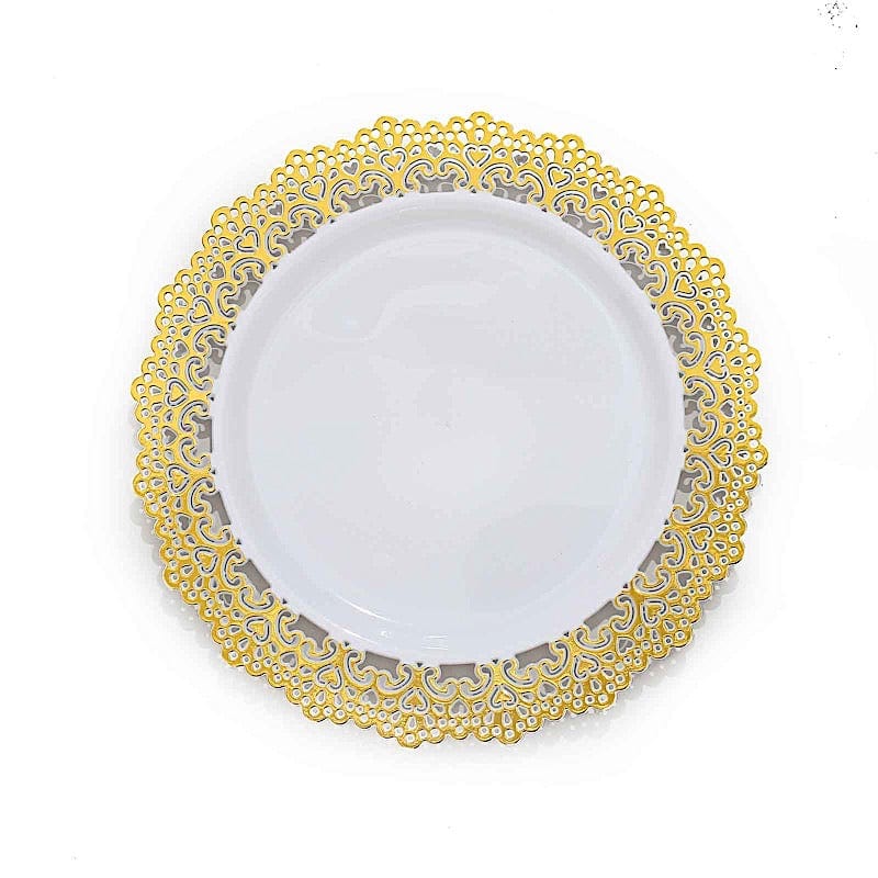 10 Round White Disposable Salad and Dinner Plastic Plates with Gold Lace Trim