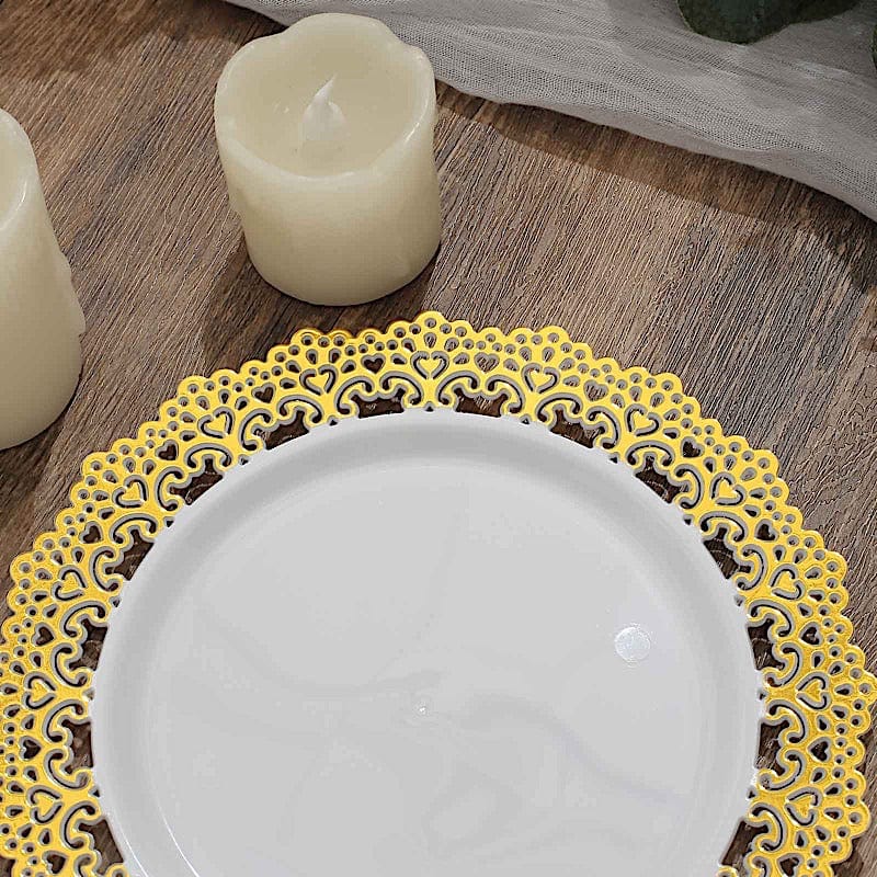 10 Round White Disposable Salad and Dinner Plastic Plates with Gold Lace Trim