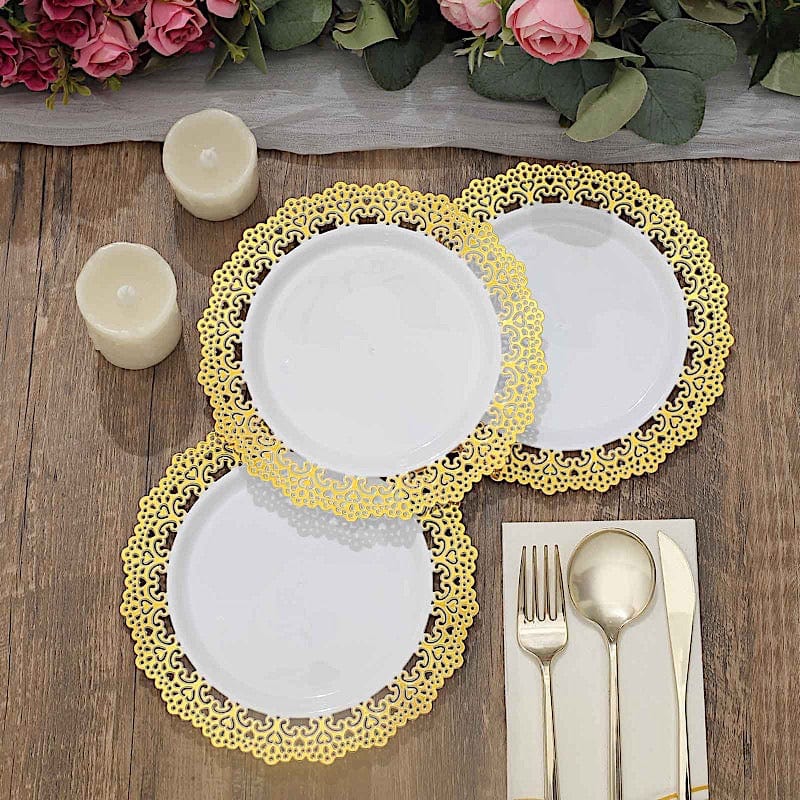 10 Round White Disposable Salad and Dinner Plastic Plates with Gold Lace Trim