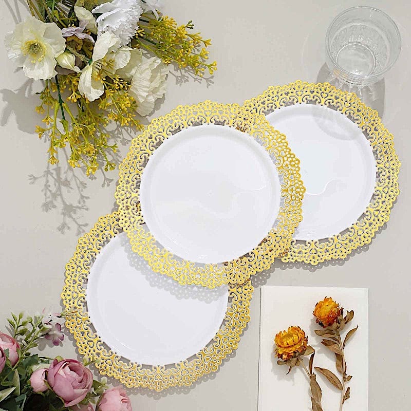 10 Round White Disposable Salad and Dinner Plastic Plates with Gold Lace Trim