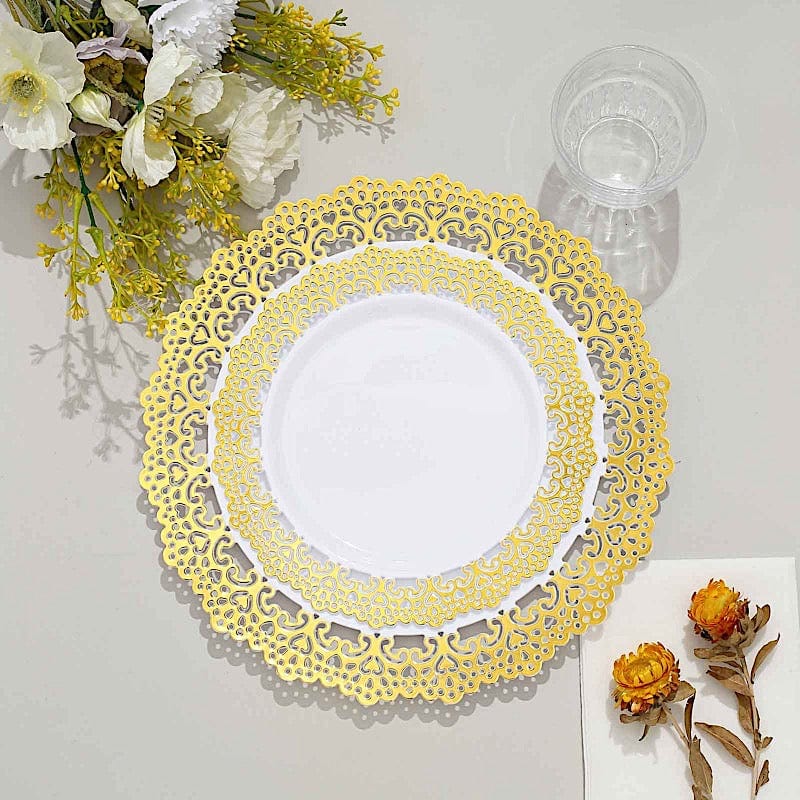 10 Round White Disposable Salad and Dinner Plastic Plates with Gold Lace Trim