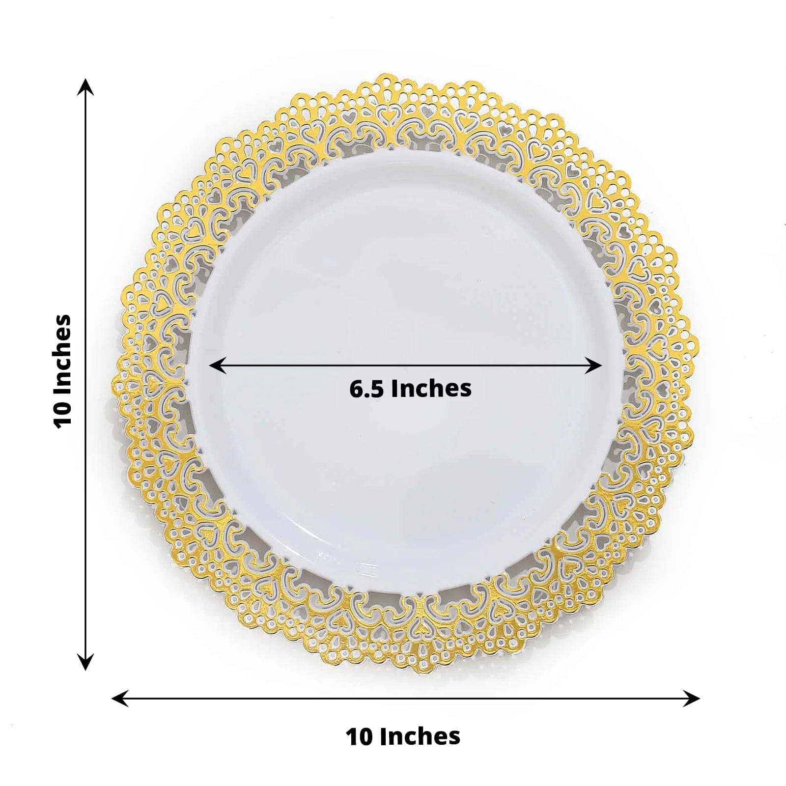 10 Round White Disposable Salad and Dinner Plastic Plates with Gold Lace Trim