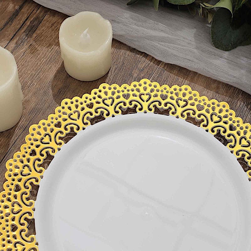 10 Round White Disposable Salad and Dinner Plastic Plates with Gold Lace Trim