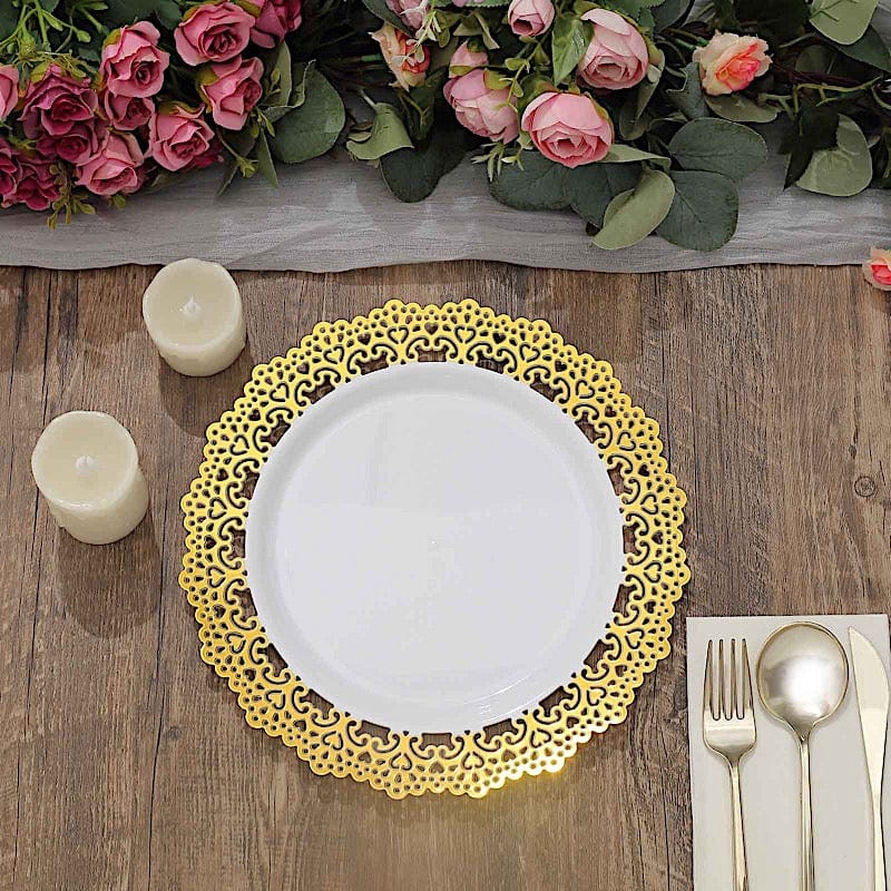 10 Round White Disposable Salad and Dinner Plastic Plates with Gold Lace Trim