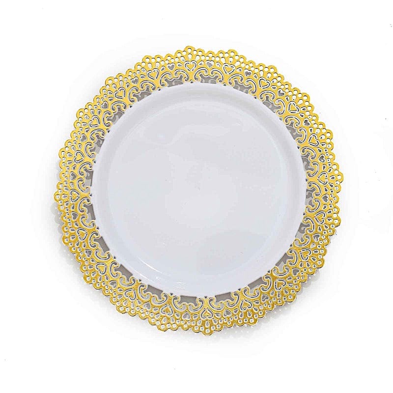 10 Round White Disposable Salad and Dinner Plastic Plates with Gold Lace Trim