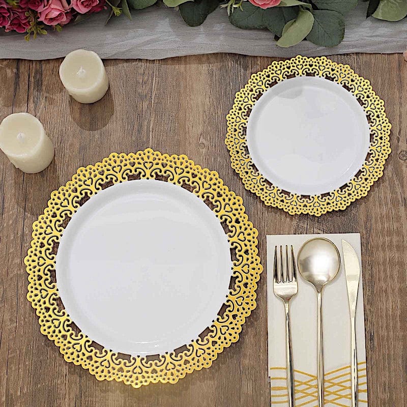 10 Round White Disposable Salad and Dinner Plastic Plates with Gold Lace Trim