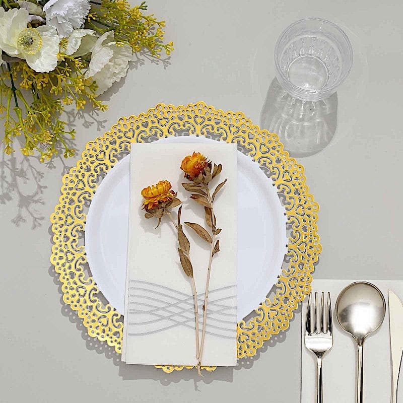 10 Round White Disposable Salad and Dinner Plastic Plates with Gold Lace Trim