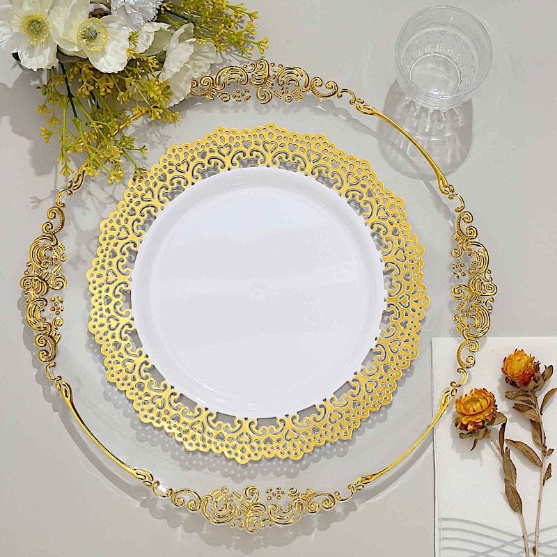 10 Round White Disposable Salad and Dinner Plastic Plates with Gold Lace Trim