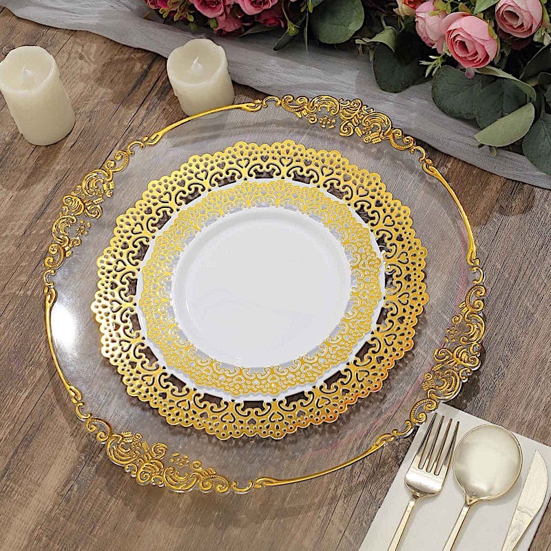 10 Round White Disposable Salad and Dinner Plastic Plates with Gold Lace Trim