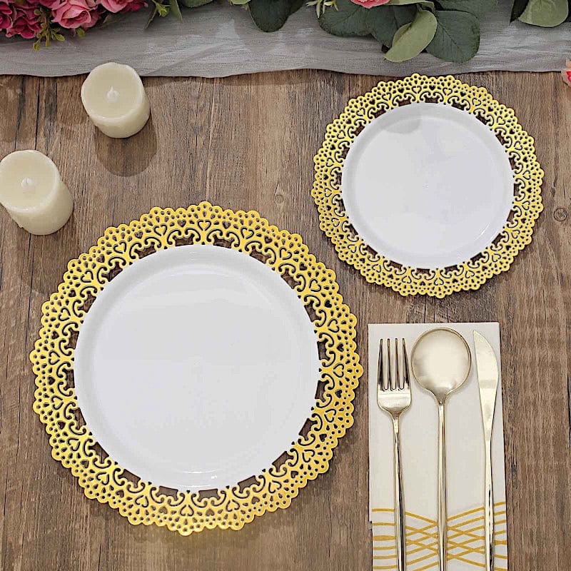 10 Round White Disposable Salad and Dinner Plastic Plates with Gold Lace Trim