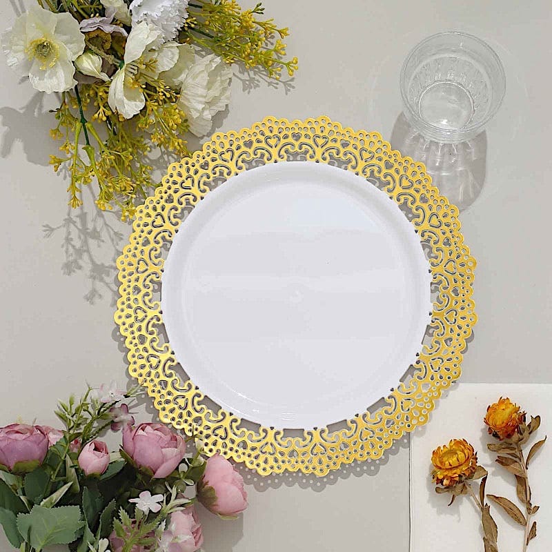 10 Round White Disposable Salad and Dinner Plastic Plates with Gold Lace Trim