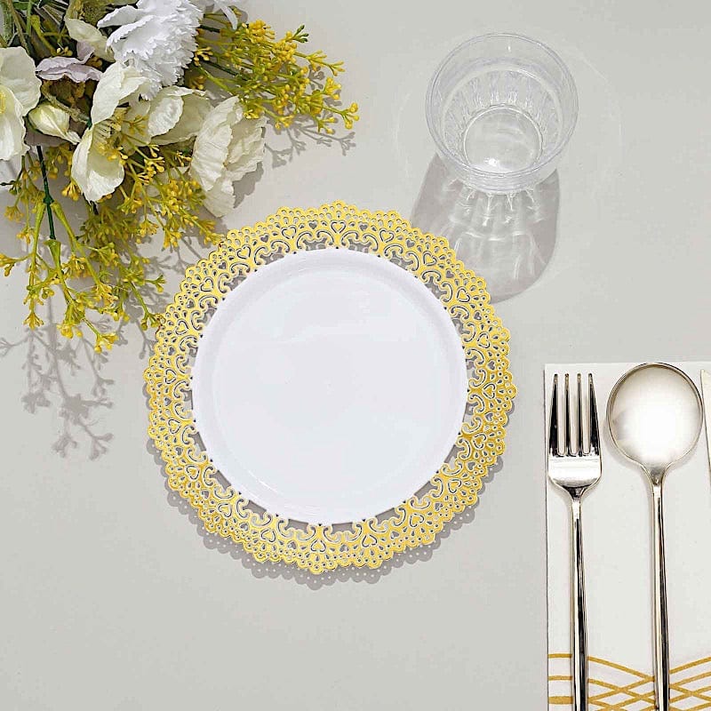 10 Round White Disposable Salad and Dinner Plastic Plates with Gold Lace Trim
