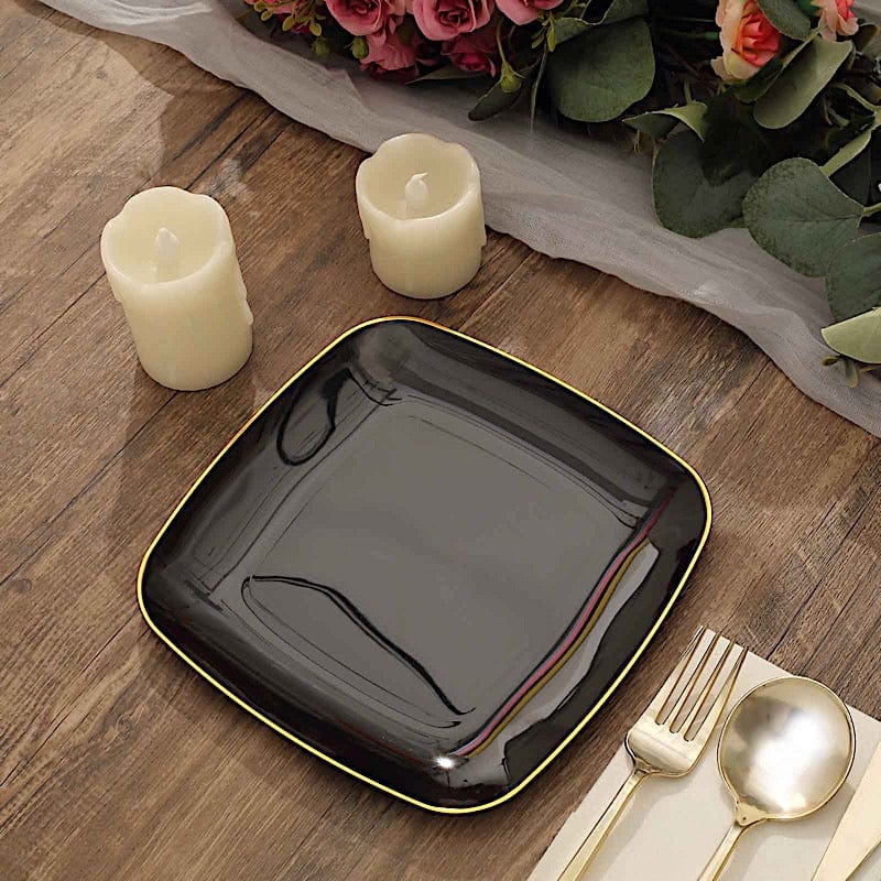 10 Square Disposable Salad and Dinner Plastic Plates with Gold Trim