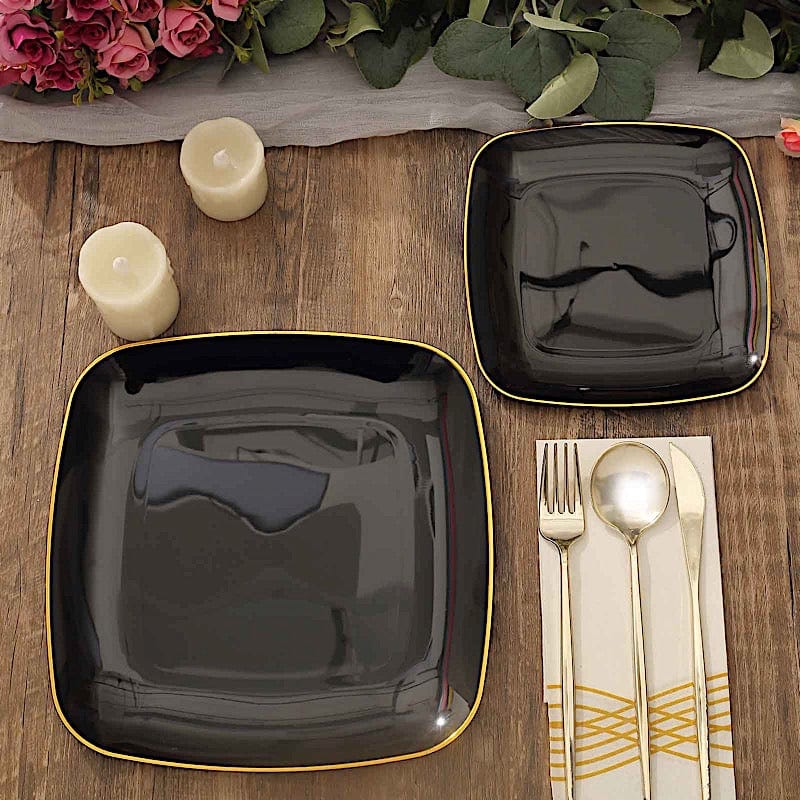 10 Square Disposable Salad and Dinner Plastic Plates with Gold Trim