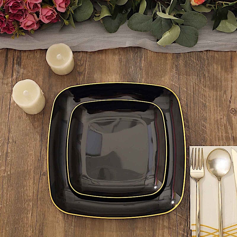 10 Square Disposable Salad and Dinner Plastic Plates with Gold Trim