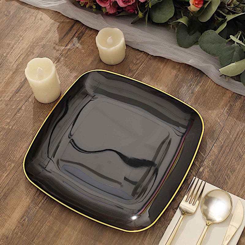 10 Square Disposable Salad and Dinner Plastic Plates with Gold Trim