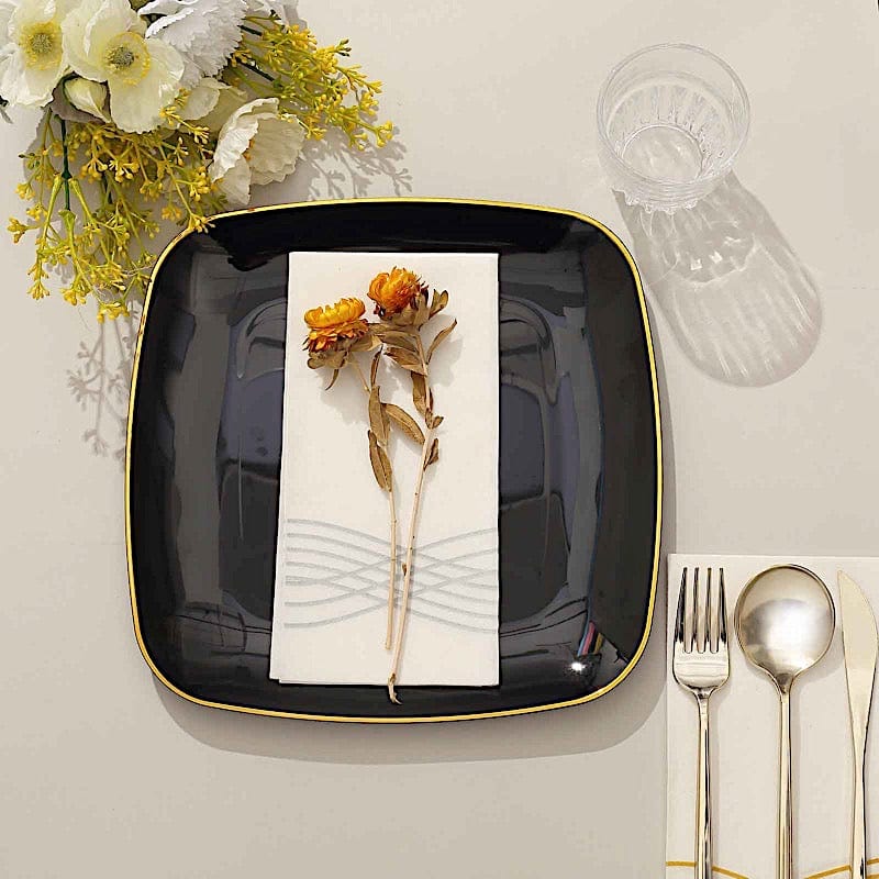 10 Square Disposable Salad and Dinner Plastic Plates with Gold Trim