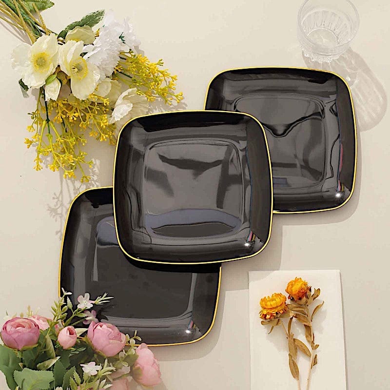 10 Square Disposable Salad and Dinner Plastic Plates with Gold Trim