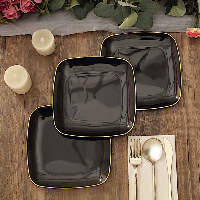 10 Square Disposable Salad and Dinner Plastic Plates with Gold Trim