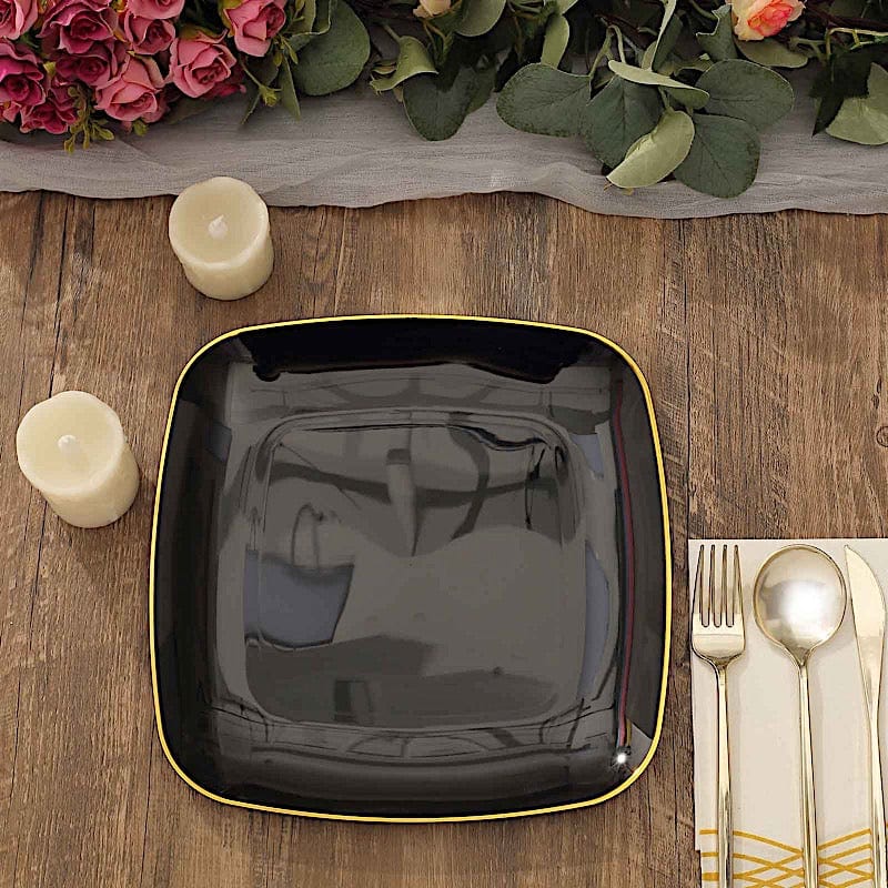 10 Square Disposable Salad and Dinner Plastic Plates with Gold Trim