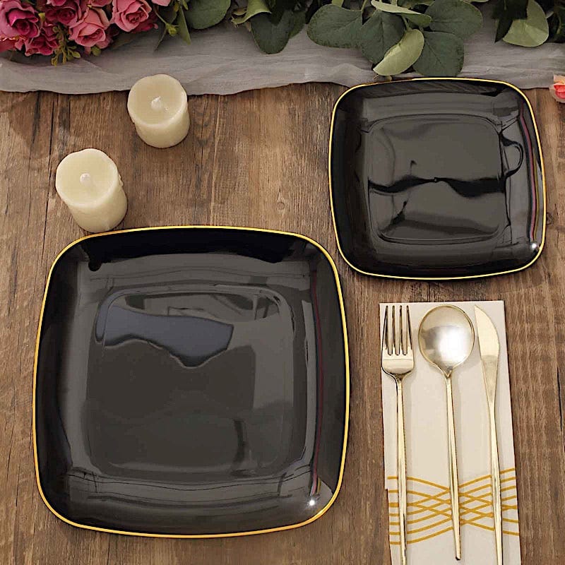 10 Square Disposable Salad and Dinner Plastic Plates with Gold Trim