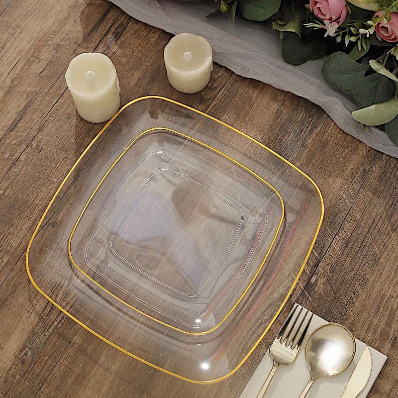 10 Square Disposable Salad and Dinner Plastic Plates with Gold Trim