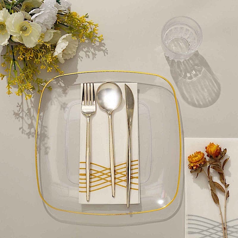 10 Square Disposable Salad and Dinner Plastic Plates with Gold Trim