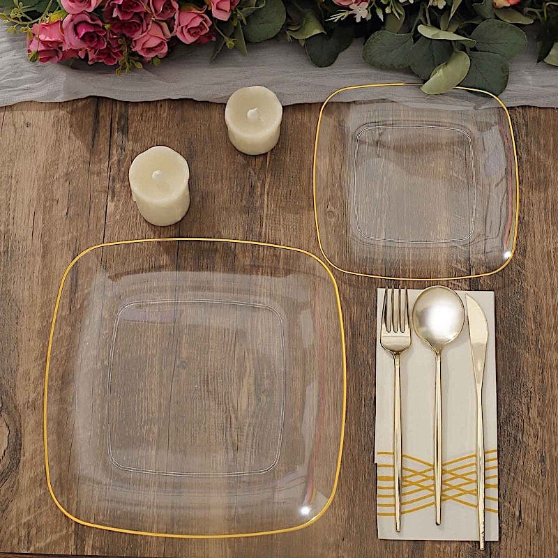 10 Square Disposable Salad and Dinner Plastic Plates with Gold Trim