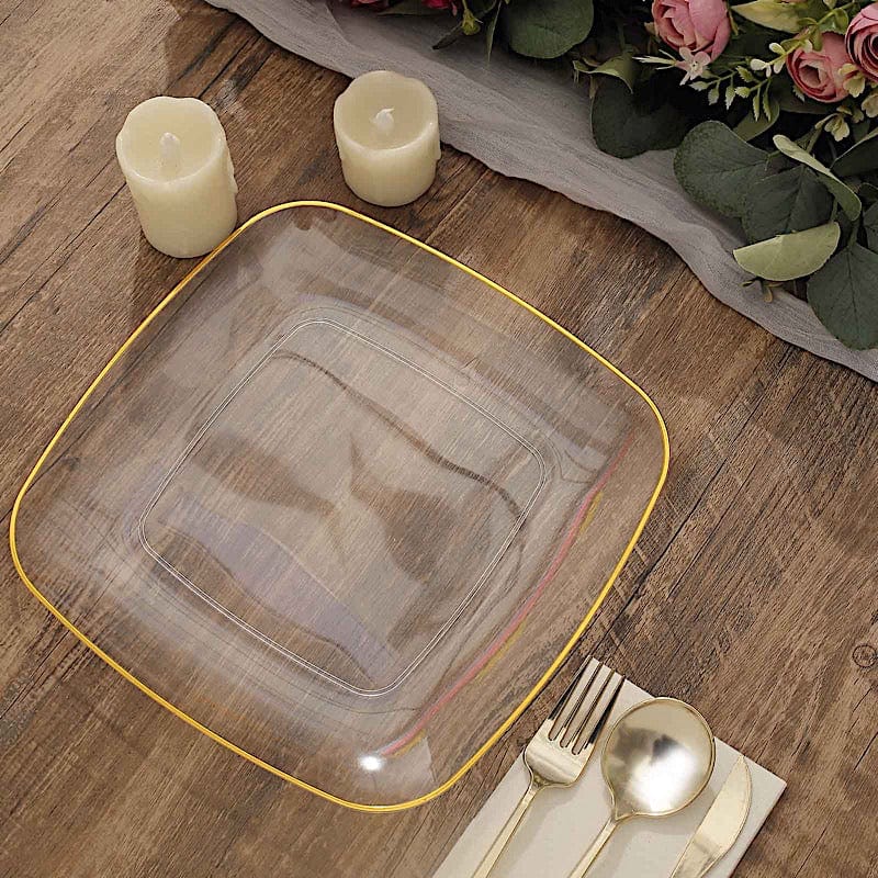 10 Square Disposable Salad and Dinner Plastic Plates with Gold Trim