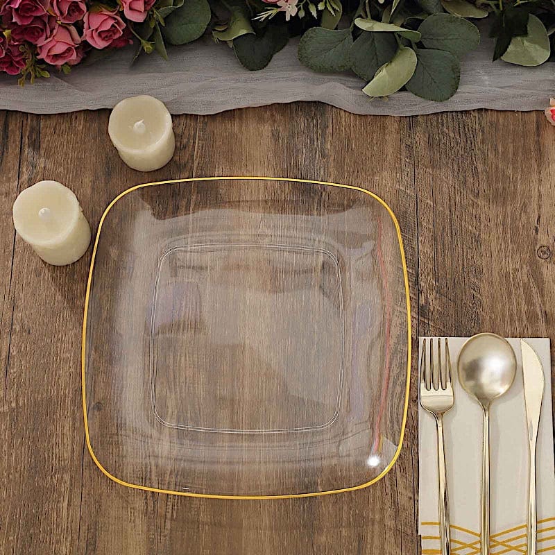 10 Square Disposable Salad and Dinner Plastic Plates with Gold Trim