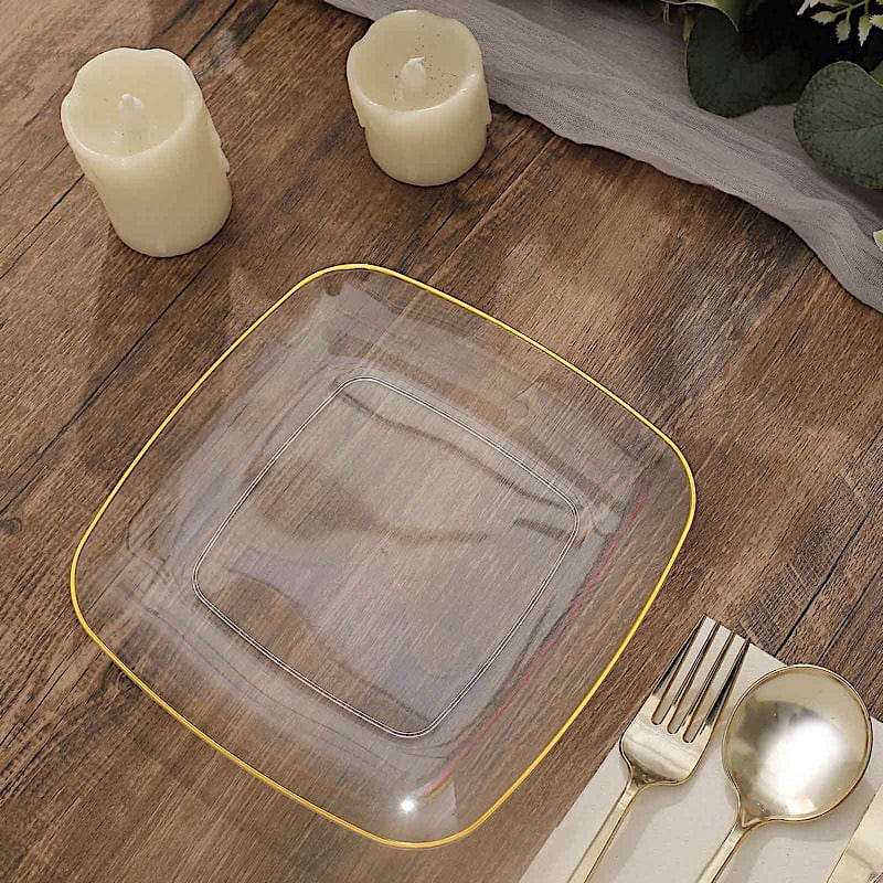 10 Square Disposable Salad and Dinner Plastic Plates with Gold Trim