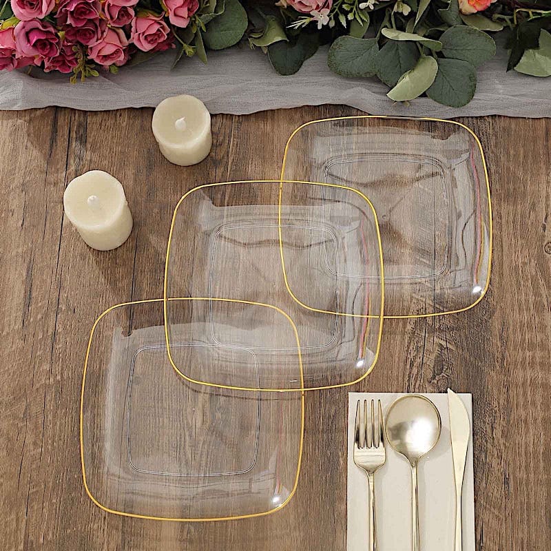 10 Square Disposable Salad and Dinner Plastic Plates with Gold Trim