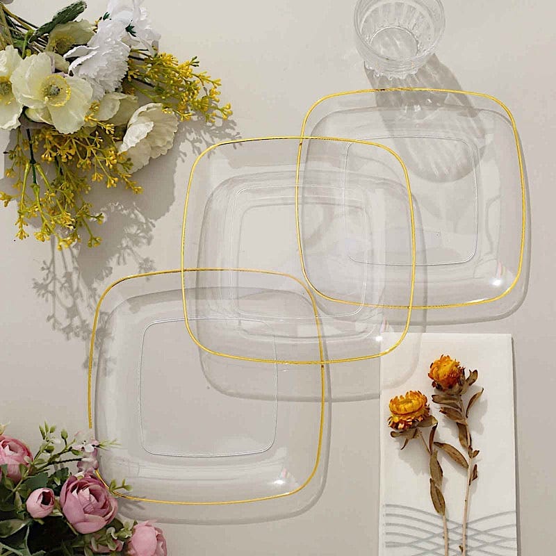 10 Square Disposable Salad and Dinner Plastic Plates with Gold Trim