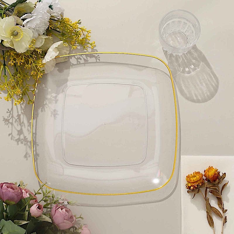 10 Square Disposable Salad and Dinner Plastic Plates with Gold Trim